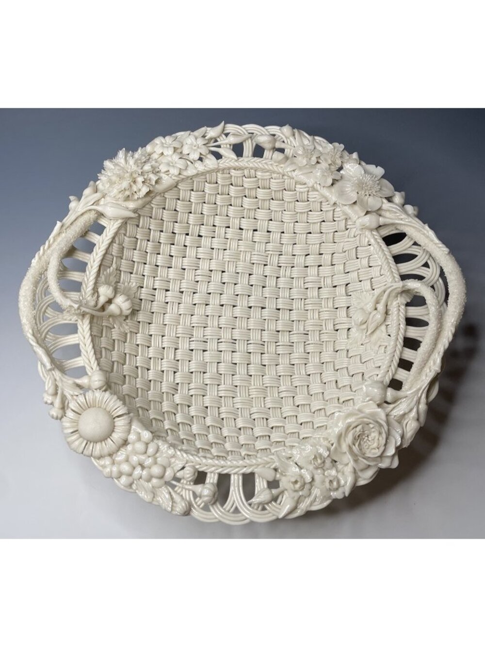 Vintage 1955-1979 Belleek Irish 4 Strand Porcelain Woven Fruit Basket 20th C.